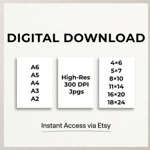 The image is a digital download advertisement for a collection of high-resolution images, including A6, A5, A4, and A3 A2. The images are intended for use in various applications, such as high-resolution jpegs and photos. The advertisement provides instant access via Etsy, and the text is kept to a minimum to avoid redundancy and ensure clarity.