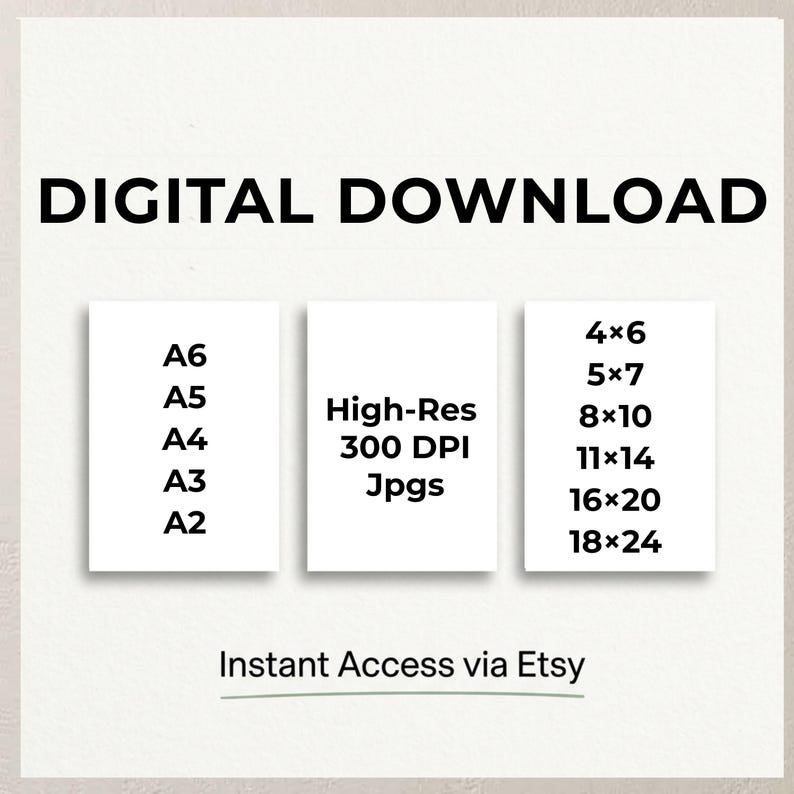 The image is a digital download advertisement for a collection of high-resolution images, including A6, A5, A4, and A3 A2. The images are intended for use in various applications, such as high-resolution jpegs and photos. The advertisement provides instant access via Etsy, and the text is kept to a minimum to avoid redundancy and ensure clarity.