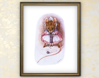 Knit 1 Purl 2, Beatrix Potter Printable Wall Art --- vintage beatrix potter print, pink mouse print, baby girl nursery decor