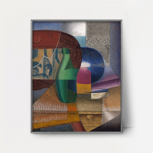 Bottle & Cup 1910s Abstract Painting -- vintage abstract art, modern art print, bold still life artwork, cubist kitchen wall art