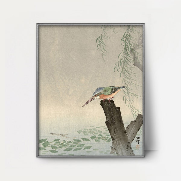 Kingfisher on a Tree Stump 1920s Japanese Painting --- ohara koson wood block print, vintage japanese bird print, asian wall art