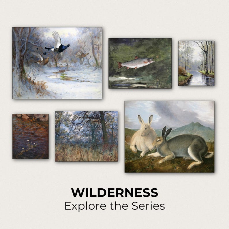 The image is a collage of seven paintings depicting various scenes of nature, including birds, fish, and wildlife in different landscapes.