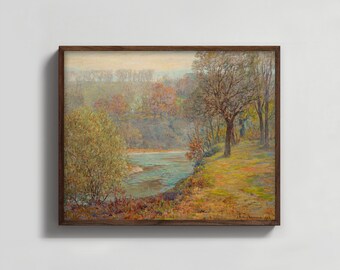 Late Autumn 1900s Fall Landscape Painting -- outdoor scenic river print, woodland tree landscape wall art, autumn decor scenery