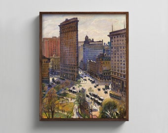 Flatiron Building 1900s NYC Landscape Painting --- new york city wall art, iconic manhattan architecture print, antique city art