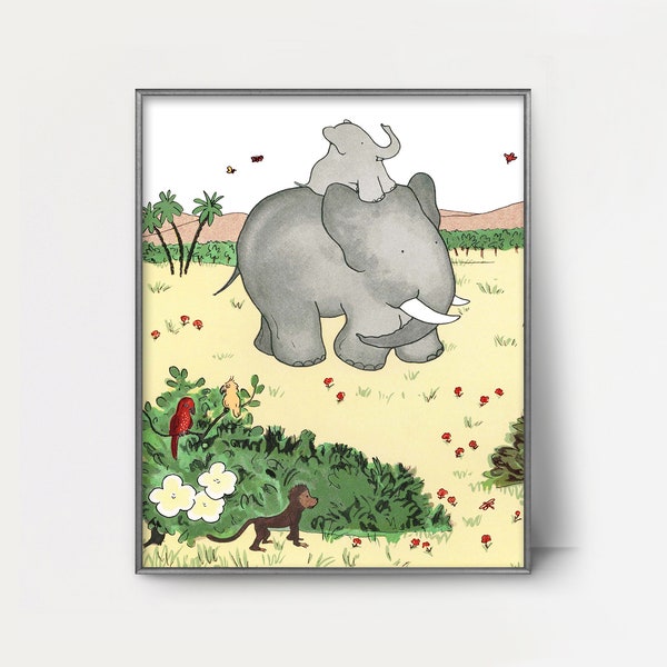 Riding Happily Elephant Nursery Decor PRINTABLE --- babar the elephant baby shower gift | boy nursery wall art girl, vintage babar print