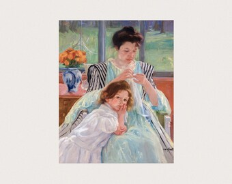 若い母親が裁縫をするメアリー・カサットのプリント - 母と娘のポート