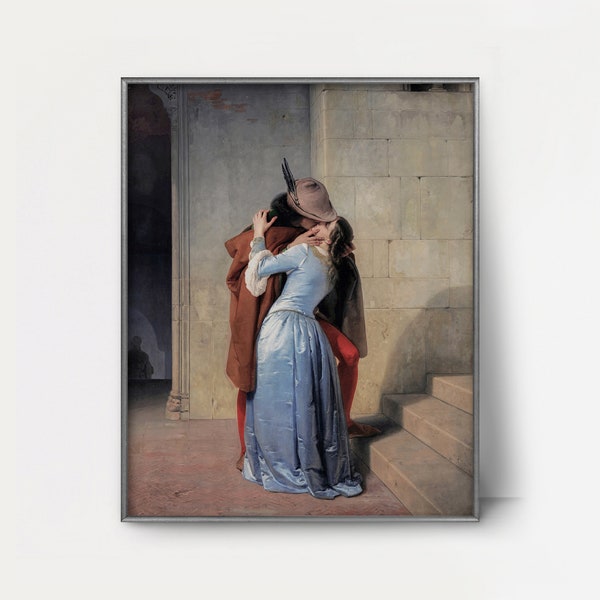 The Kiss 1850s Young Lovers Portrait --- medieval romantic painting, vintage gothic bedroom decor, shadowy castle interior art