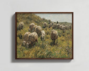 1880s Pasture Landscape Painting --- pastoral counting sheep print, farm country landscape art, rustic animal landscape print