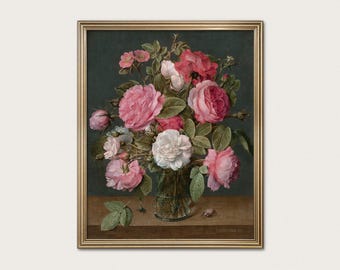 Rozen in een glazen vaas - bloemenstilleven - Frans bloemschilderij, rozenkunst · Digitale download