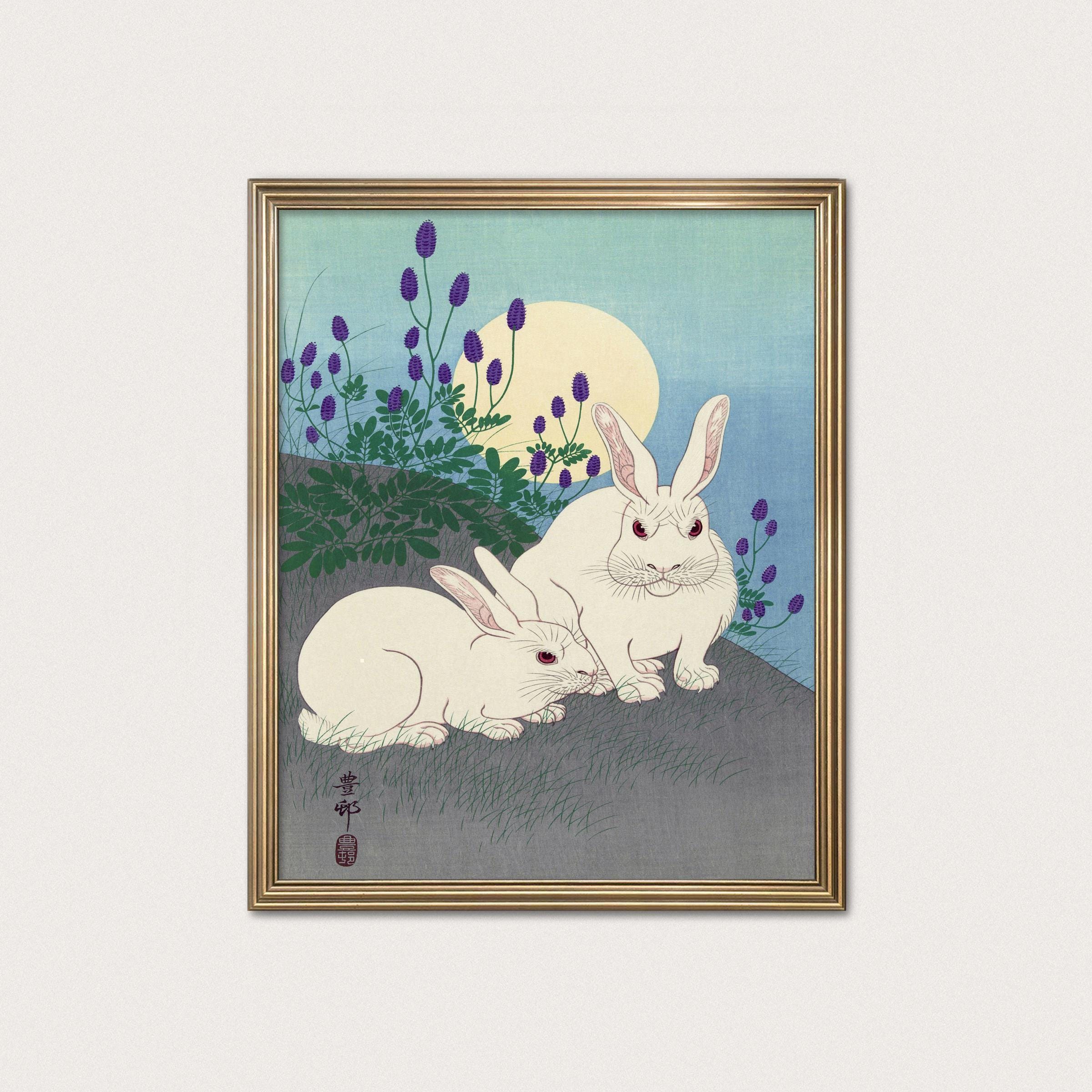 うさぎの版画 – 魅惑的なパティナブルーの壁掛けアート、小原古邨作