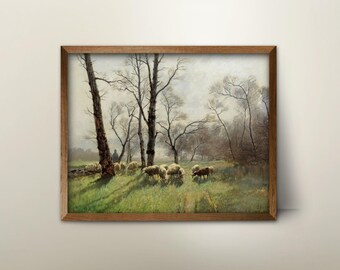 Shepherd with his Flock in Evening Light Pastural Landscape Art - sheep painting