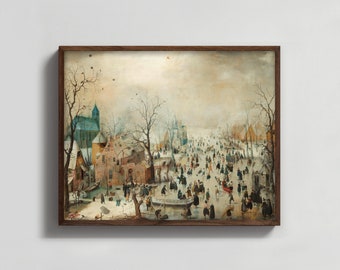 17th Century Dutch Painting --- winter landscape with ice skaters farmhouse wall art, antique landscape painting, small town art