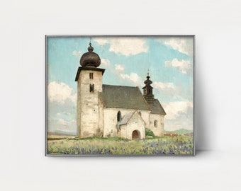 Gothic Church of the Holy Spirit 1900s Rural Architecture Painting --- old country landscape art, white church print, cloud art