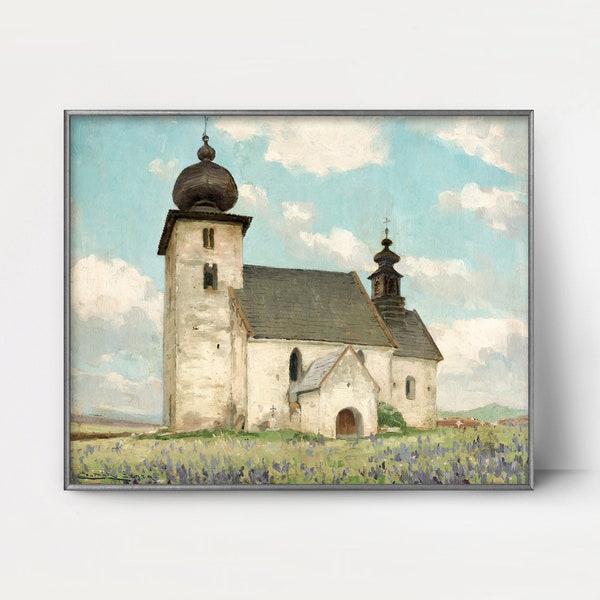 Gothic Church of the Holy Spirit 1900s Rural Architecture Painting --- old country landscape art, white church print, cloud art