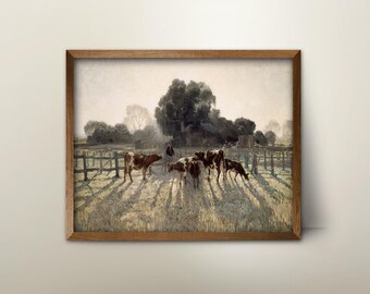 Spring Frost Dairy Farm Landscape Art - early morning country art