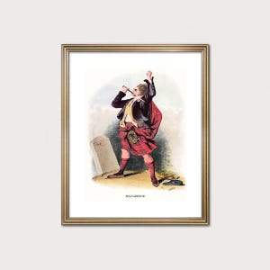 Puede incluir: Impresión enmarcada de una ilustración vintage que representa a un hombre con vestimenta escocesa tradicional, incluyendo un kilt y una chaqueta, levantando un cuerno hacia su boca. La impresión está sobre un fondo blanco y presenta el texto "MAC GREGOR".