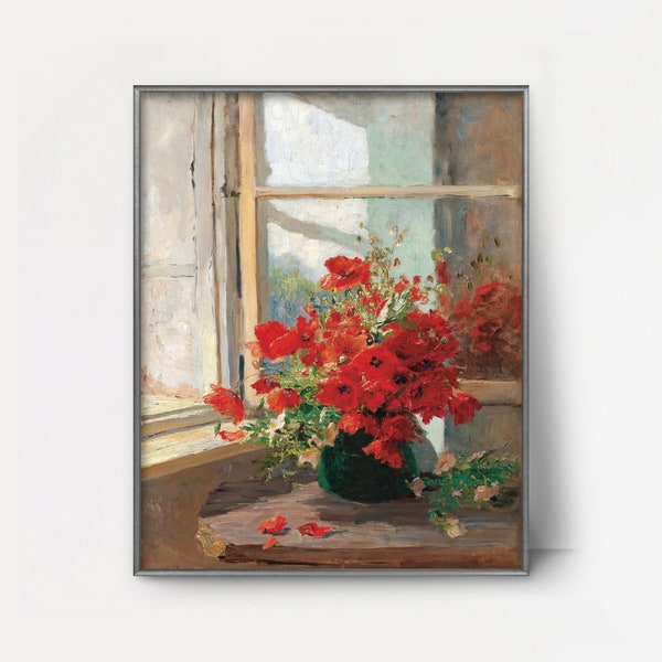 Poppies by a Window 1870s Poppy Painting -- red poppies, vase of flowers wall art, rustic window painting, botanical still life