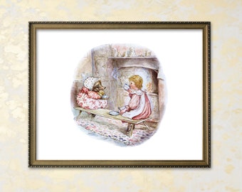 Tea Party Art Beatrix Potter Printable Wall Art --- vintage beatrix potter print, pink storybook art, baby girl nursery decor