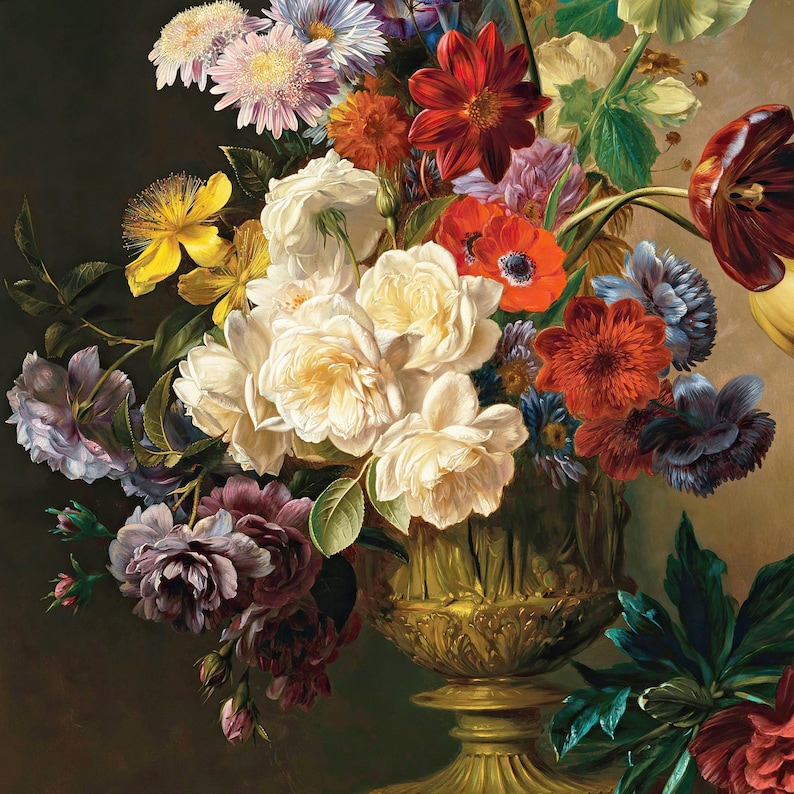 Bodegón floral de flores de verano - pintura floral holandesa, arte floral oscuro · Descarga digital imagen 5