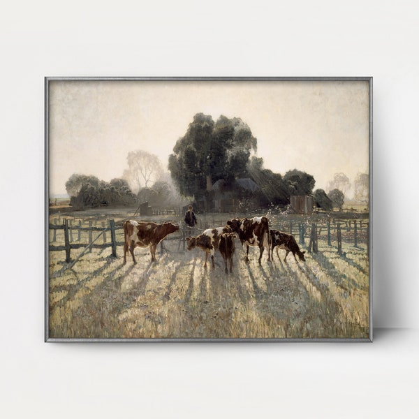 Spring Frost 1900s Dairy Farm Landscape Art --- early morning countryside art, neutral landscape print, vintage cow painting