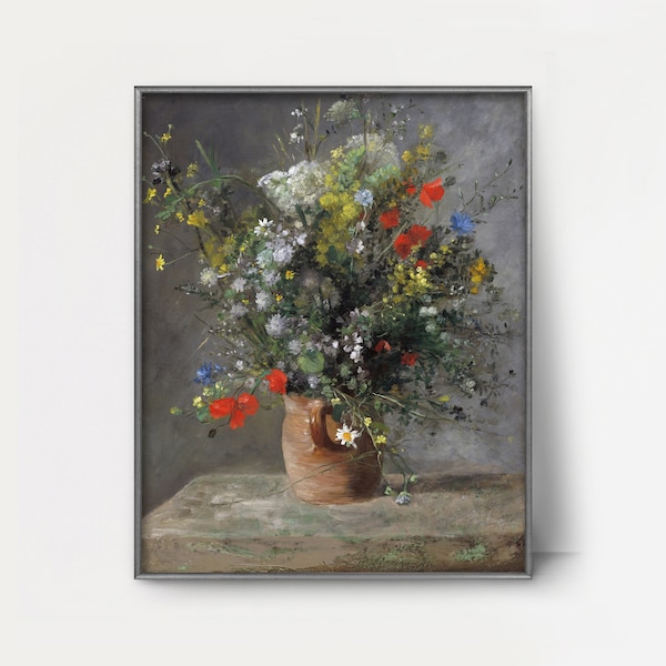 1860s Flowers in a Vase Renoir Print -- floral still life, bouquet print, sophisticated wildflower painting, chic gray wall art