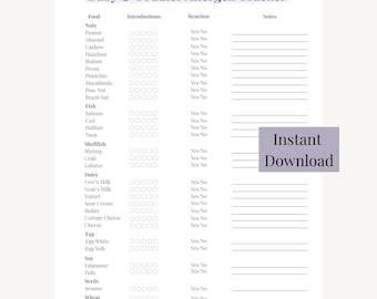 Op de afbeelding: Een afdrukbare Baby & Peuter Allergenen Tracker in een zacht paars en wit kleurenschema. De tracker vermeldt veel voorkomende allergenen zoals noten, vis, zuivel en soja, met secties voor introducties, reacties en notities. De woorden "Direct downloaden" zijn ook zichtbaar.