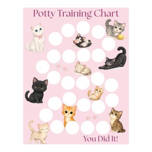 May include: A light pink potty training chart featuring the text Potty Training Chart at the top and You Did It! at the bottom. The chart includes multiple white circular spaces for tracking progress, decorated with various illustrations of kittens.