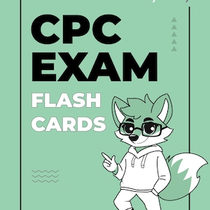 Op de afbeelding: Een mintgroene afbeelding met de tekst "CPC EXAM FLASH CARDS" in zwart en wit. Een cartoonvos met een bril en een hoodie wijst naar de tekst. Het logo "mintystudy" staat rechtsboven.