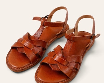Handmade Women's Summer Leather Sandals | Brown Moroccan Buckle Open Toe Flats