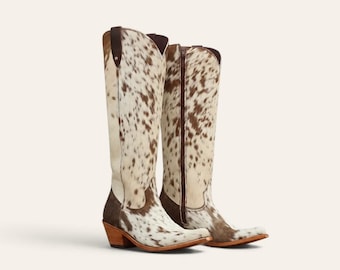 Women's Western Cowgirl Boots | Genuine Hair-On Cowhide Leather | Handmade Cowboy Ranch Boots | Rustic Country Style