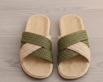 Natural Linen Slippers  for Women | Woven Straw Spa Footwear |   Breathable Beach Soles | Plastic Free Slippers