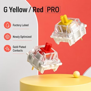 May include: Two mechanical keyboard switches, one with a yellow stem and one with a red stem, featuring clear housings and white bases. Text reads G Yellow / Red PRO, Factory Lubed, Newly Optimized, and Gold-Plated Contacts. Icons include a drop, gear, and sparkles.