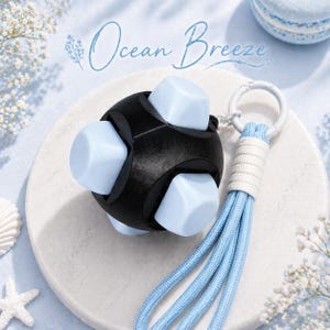 May include: A black and light blue fidget toy with the text "Ocean Breeze". The toy has a spherical shape with light blue cube-shaped pieces. It includes a light blue and white tassel and a silver ring.