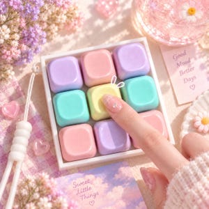 Op de afbeelding: Een vierkant wit dienblad met negen gladde, afgeronde blokjes in pasteltinten van paars, roze, geel en groenblauw. Een vinger rust op het middelste gele blokje. Het dienblad heeft een wit koord en is omringd door bloemen.