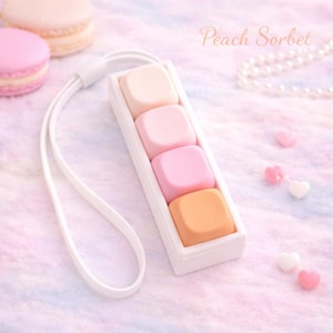 Puede incluir: Una caja rectangular blanca contiene cuatro bloques cuadrados de colores pastel en tonos melocotón, rosa y crema. Se adjunta un cordón blanco. El texto "Peach Sorbet" está escrito en cursiva. Macarons y decoraciones en forma de corazón están en el fondo.