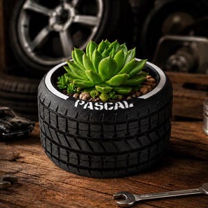 May include: A black tire-shaped planter with a white stripe and the name "PASCAL" in white lettering. The planter holds a green succulent plant and small rocks, set on a wooden surface. Automotive-themed decor.