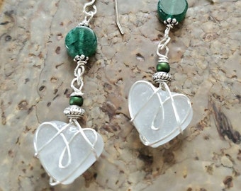 Green Aventurine Sea Glass Earrings, Sea Glass Heart Dangle Drop Dainty Earrings, Gift for Her
