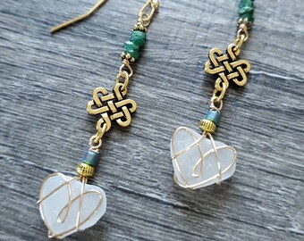 Dainty Sea Glass Heart Earrings, Aventurine Earrings, Celtic Infinity Knot  Dangle Drop Earrings, Gift for Her