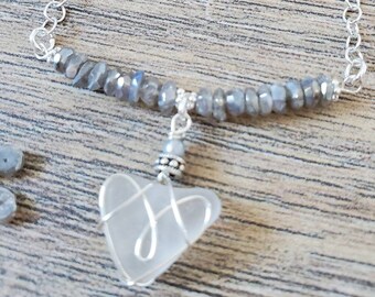 Sea Glass Pendant, Labadorite Bar Necklace, Wire Wrapped Sea Glass Heart, Sea Glass Necklace, Jewelry for Women