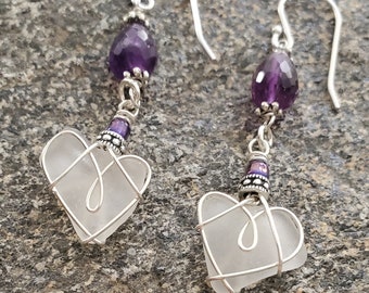 Amethyst Dangle Drop Dainty Earrings Earrings  Love Jewelry  Beach Glass Hearts  Ocean Lover Gift  Gift for Her, Birthstone Earrings