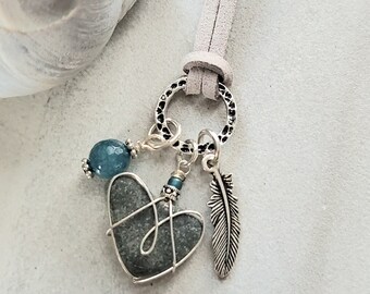 Sterling Silver Wire Wrapped Beach Stone Heart Pendant: Feather Charm Necklace