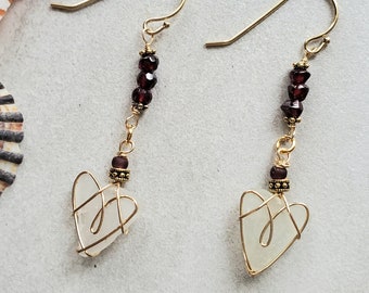 Sea Glass Heart Earrings  Garnet Birthstone Earrings  Sea Glass Heart Dangle Drop Dainty Earrings  Gift for Her  Valentine Gift  Jewelry