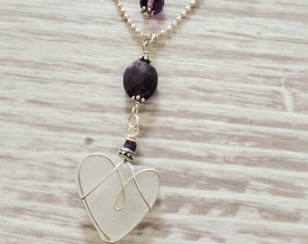 Sea Glass Heart Necklace Amethyst Birthstone Gift for Her  Love Gift  Heart Necklace  Sterling Silver Necklace  Beach Heart Necklace