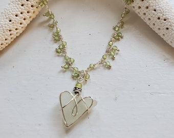 Sparkle Necklace  Peridot Seaglass Heart Necklace  Birthstone Necklace Gift Jewelry for Her