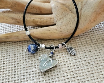 Heart Stone Bracelet, Charm Bracelet with Heart Stone Charm, Hamsa Hand Charm and Sodalite Bead, Bohemian Bracelet, Jewelry for Yoga Lover