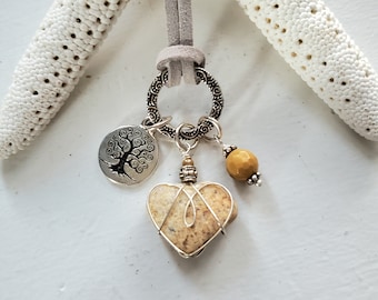 Natural Beach Heart Pendant  Genuine Heart Shaped Beach Stone Necklace  Everyday Necklace  Beach Lover Charm Necklace  Tree of Life Necklace