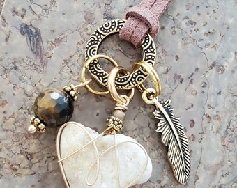 Pendant Heart Shaped Beach Stone Necklace  Everyday Necklace Beach Lover Charm Necklace Feather Charm Necklace