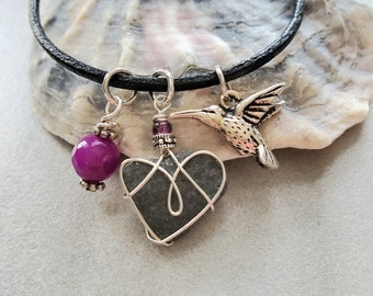 Heart Stone Bracelet, Charm Bracelet with Heart Stone Charm, Hummingbird Charm and Purple Bead, Bohemian Bracelet,  Gift Jewelry for Mom