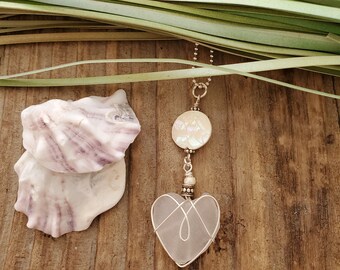 Sea Glass Heart Pendant with Shell Accent   Natural Sea Glass Heart Necklace Gift for Her    Love Gift