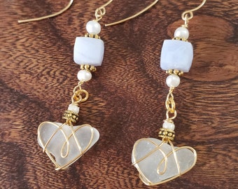 Sea Glass Heart Earrings  Blue Chalcedony and Pearl Earrings  Sea Glass Heart Dangle Drop Dainty Earrings  Gift for Her Sea Glass Jewelry